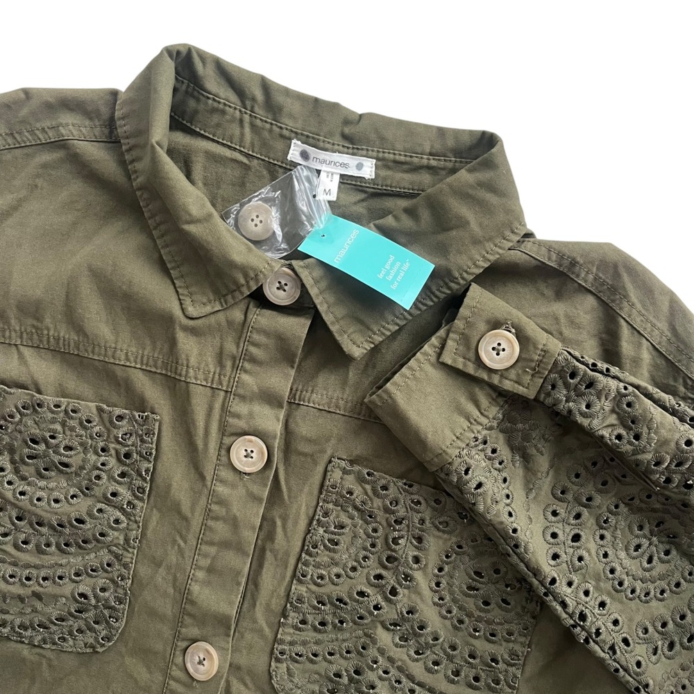Maurice's Women M Olive Green Eyelet Twill Jacket Shacket Button Collar Boho NEW